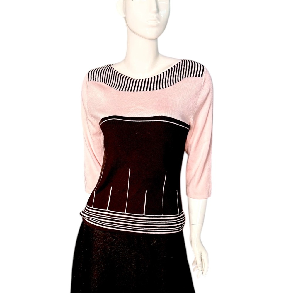 Design Assets Pink Black Striped 3/4 Sleeve Boat Neck tight‎ Knit Sweater Top M